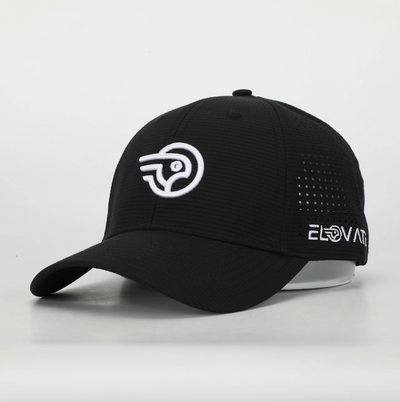 Black Elovate Golf Hat. Elovate Golf caps. raised embroidery and side holes