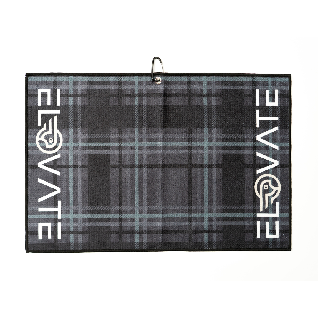 Grey Black Tartan Golf Towel. Hunters Tartan designed in Scotland. 